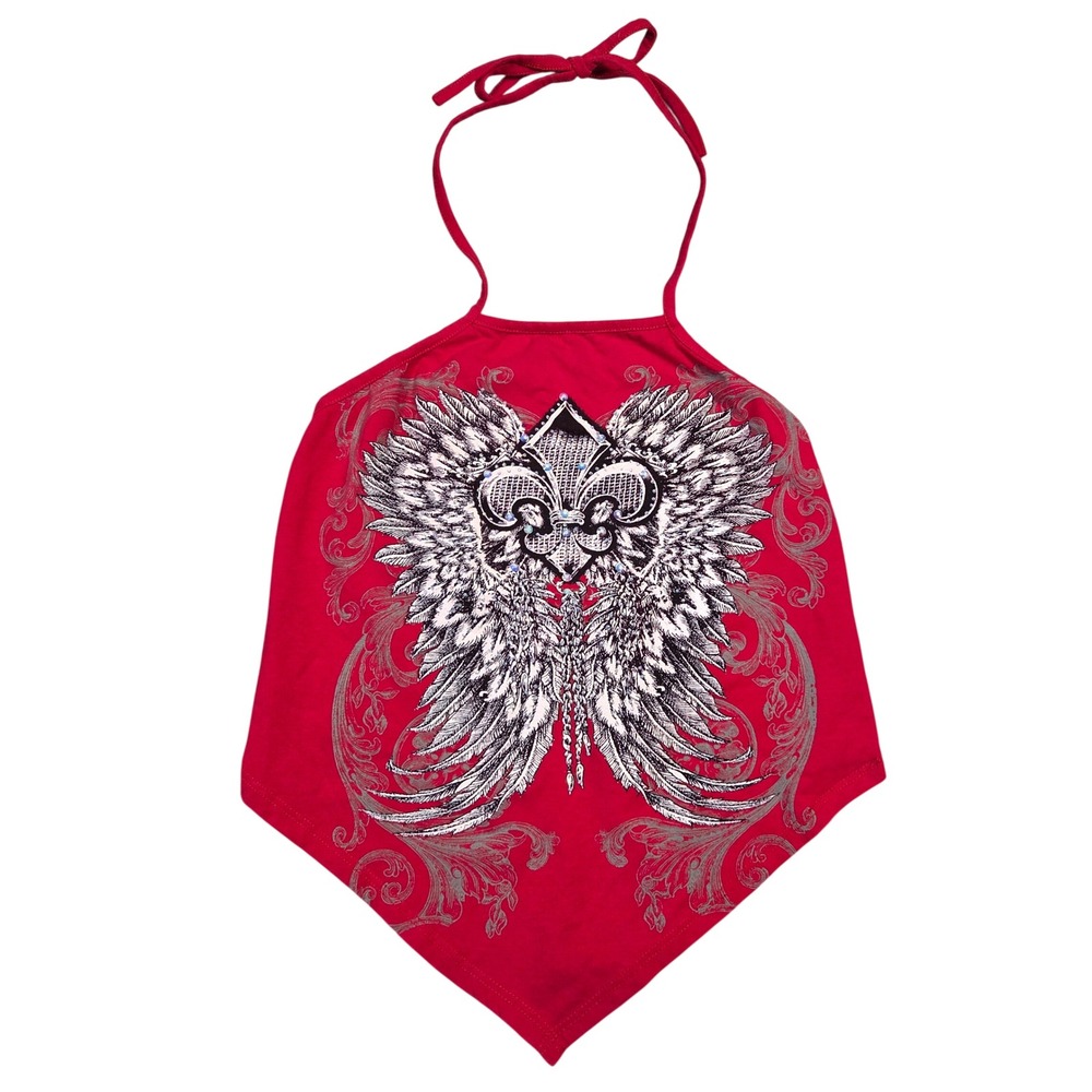Design by Olivia Red Wing Rhinestone Halter Handkerchief Top M USA